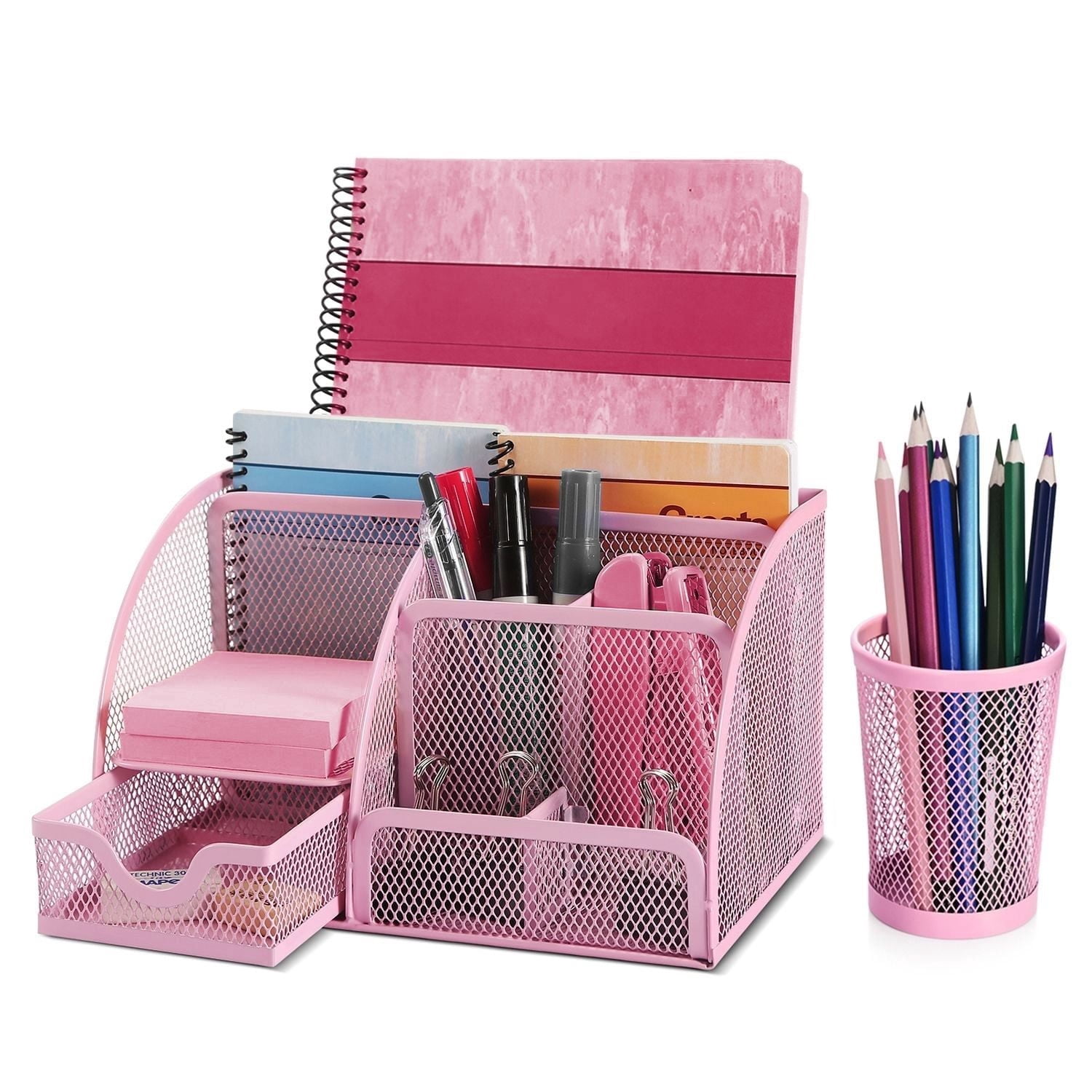 Desk Organizer Office Supplies Accessories Desktop Tabletop Sorter Shelf Pencil Holder Caddy Set - Metal Mesh with Drawer and 6 Compartments (Pink)