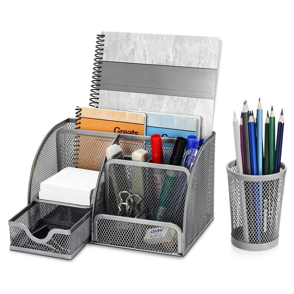 Desk Organizer Office Supplies Accessories with Drawer and 6 Compartments (Silver Gray)