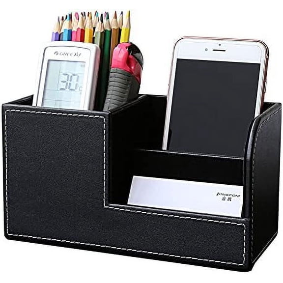 Desk Organizer Office Supplies Caddy Pu Leather Multi-function Storage Box Pen/Pencil,Cell phone, Business Name Cards Remote Control Holder Black