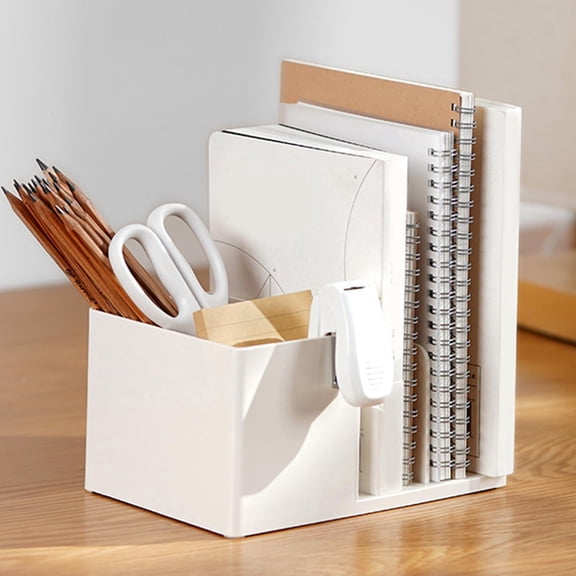 Desk Organizer with Pen Slot and File Sorter - Desktop Storage Caddy for Office Supplies Books and Stationery - Plastic Multi-compartment Caddy for Home Desk Study Table Or Bedroom Counter - 1 Pack