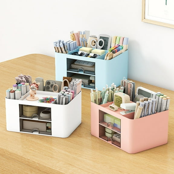 Desk Organizer Plastic Storage Box | 2 Drawer Multifunctional Desktop Caddy | 7 Compartments, 1 Shelf, 19.5x14x10cm | Blue Pink White | Office & Makeup Supplies Holder | 0.77lb | No Assembly Required