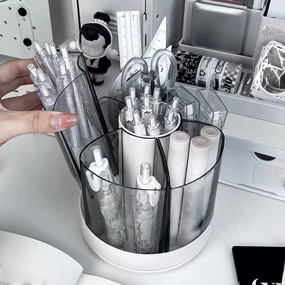 Desk Organizer, Rotating Pen Cup, Partitioned Caddy, Smooth Modern Storage Holder for Office Home Vanity Room Counter Bedroom Indoor Sundries