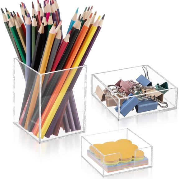 Desk Organizer Set of 3, Acrylic Office Desk Accessories Desktop Organizers and Accessories for Women Men Set Incl. Pencil Pen Holder, Paperclip Storage and Sticky Note Holder Office Decor