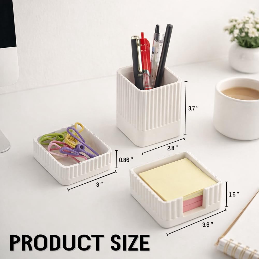 Desk Organizer Set Of 3 For Office Accessories - Includes Pen Holder  Paperclip Storage And Sticky Note Aesthetic Concrete Desktop Women Or Men Decor (white)