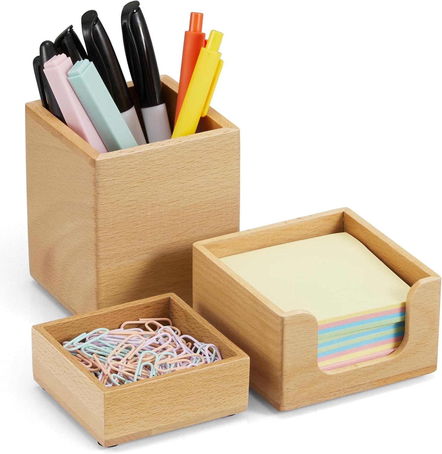 Desk Organizer Set of 3 - Wood Office Desk Accessories - Desk Organizers and Accessories for Women Men - Set incl. Pencil Pen Holder, Paperclip Storage and Sticky Note Holder