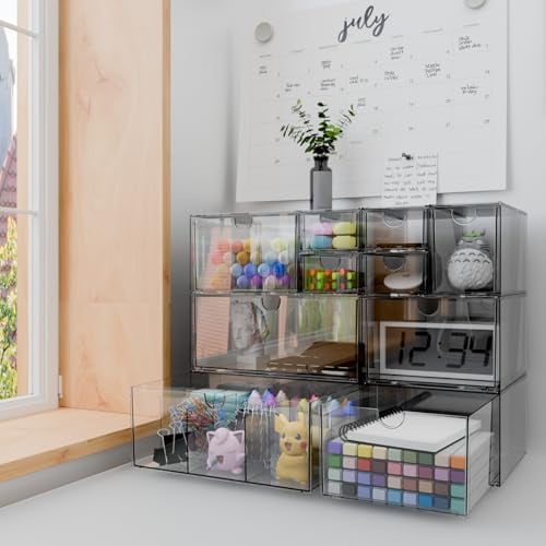 Desk Organizer Set, Clear Stackable Dustproof Storage Boxes for Desktop, Office, DIY Craft & Vertical Space Saving, Perfect for Makeup, Stationery, Jewelry Organization (10 Drawer)