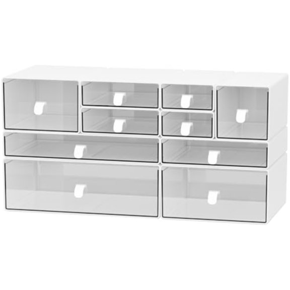 Desk Organizer Set White Clear Stackable Dustproof Storage Boxes for Desktop Office DIY Craft Vertical Space Saving Perfect for Makeup Stationery Jewelry Organization