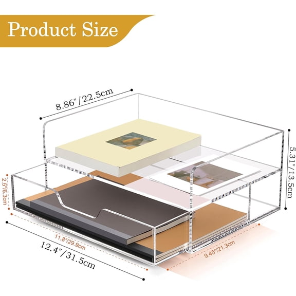 Desk Organizer with Sliding Drawer Desk Organizers and Accessories for Office Organization and Storage, Acrylic File Organizer Drawer Stackable 2-Tier Paper Organizer,Clear