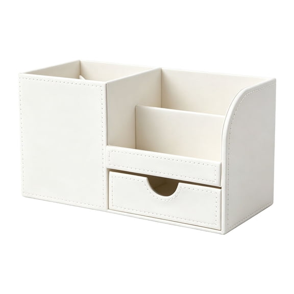 Desk Organizer Stationery Supplies Caddy,Durable Pu Leather Multi-functional Storage Box for Pen/Pencil,Cell Phone, Business Name Cards Remote Control Holder with Small Drawer,1Pc(White,8.8x3.9x4.7")