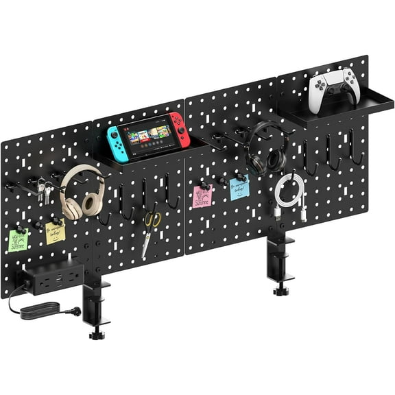 Desk Organizer and Storage Pegboard with Charging Station, Gaming Standing Office Supplies Shelf Accessorie, Black Desktop Clamp Peg Board Privacy Organization Panel. Gifts for Men, 10FT.