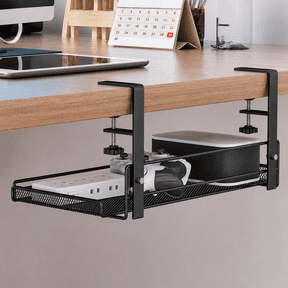 Under Desk Organizer Tray with Clamp – Desk Cable Management & Storage Basket, Space Saving Metal Shelf for Home Office, Study Desk, No Drill Installation