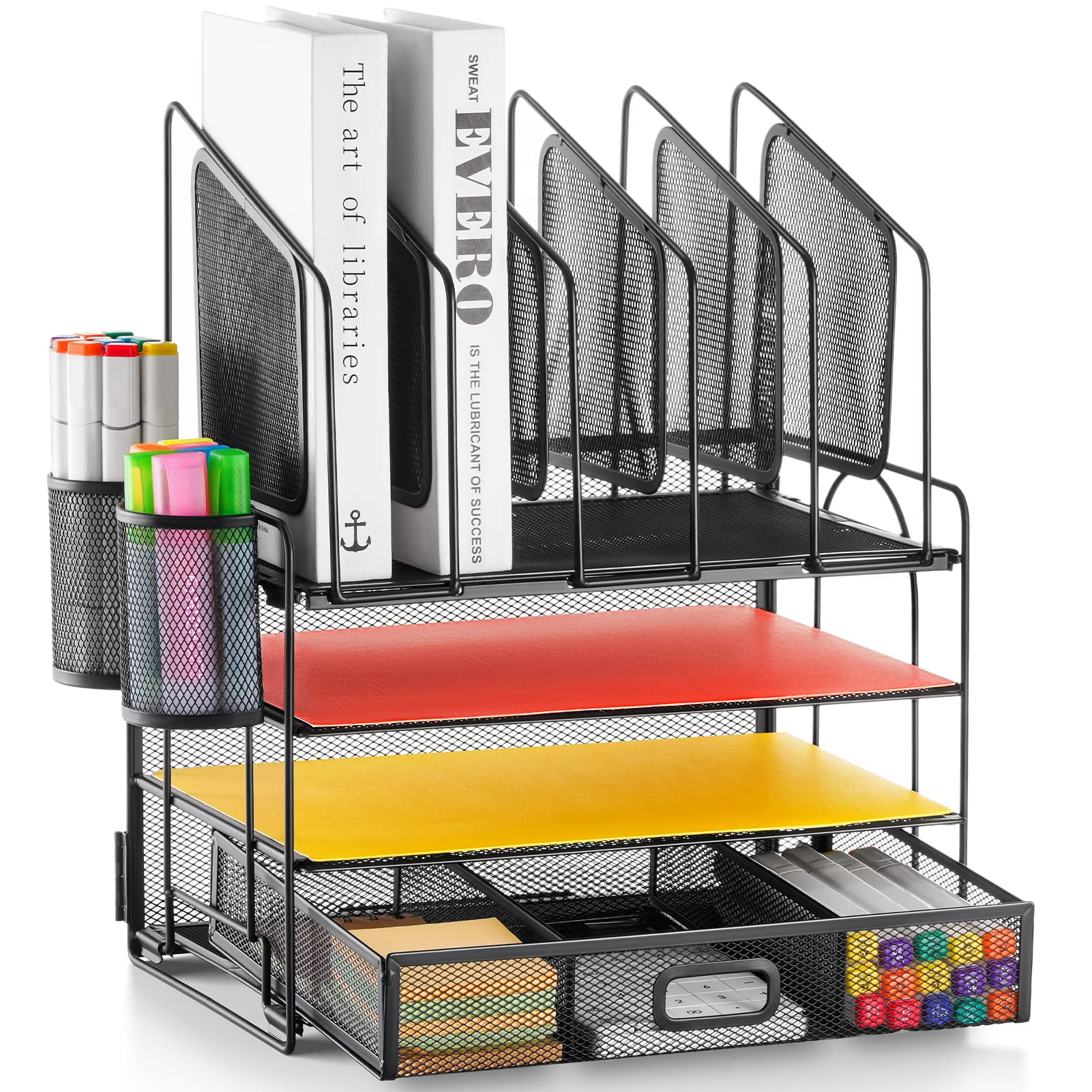 Desk Organizer With Drawer  4-tier Mesh File 5 Vertical Holders And 2 Pen Multifunction Desktop Organizers Accessories For Home Office