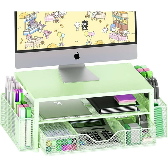 Desk Organizers and Accessories, 2-Tier Computer Monitor Stand Riser with Drawer and 2 Pen Holders, Office Desk Accessories for Office Supplies