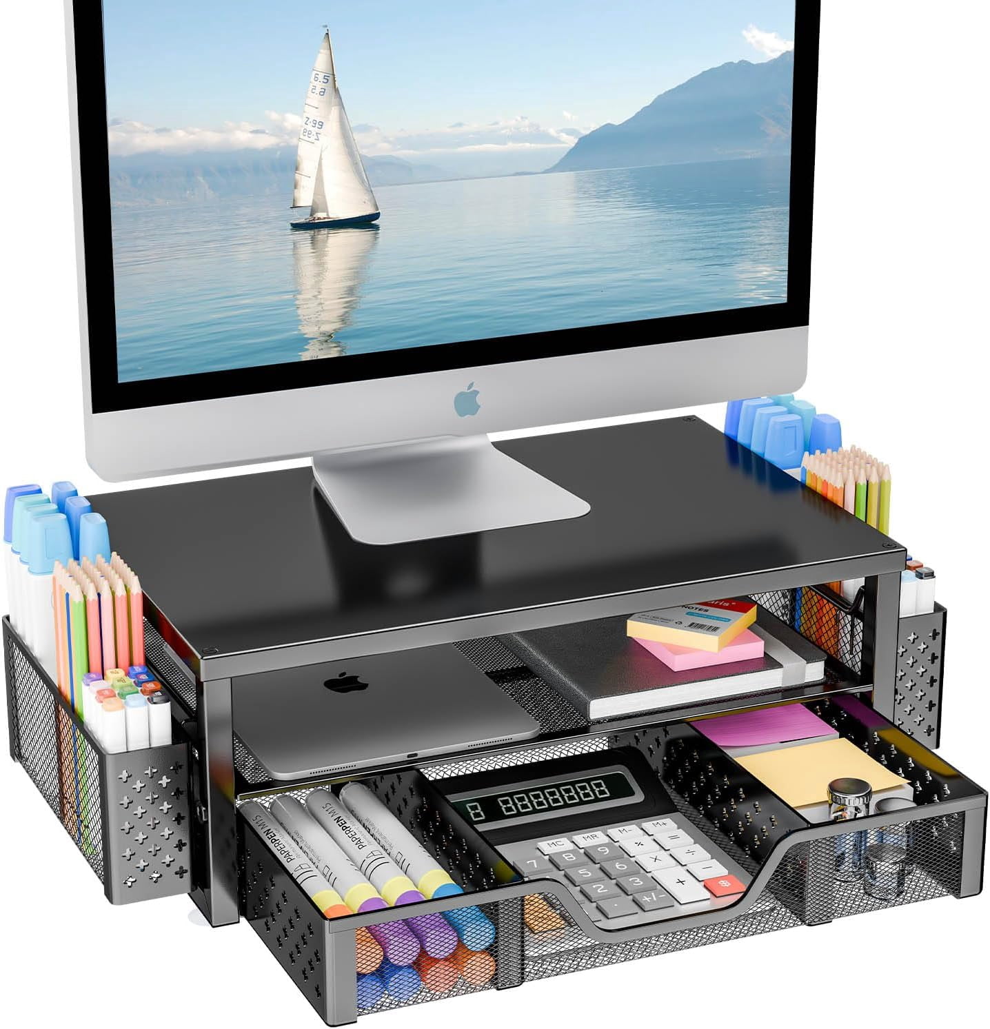 Desk Organizer and Accessories, 2-Tier Computer Monitor Stand Riser with Drawer and 2 Pen Holders for Office Supplies, Black