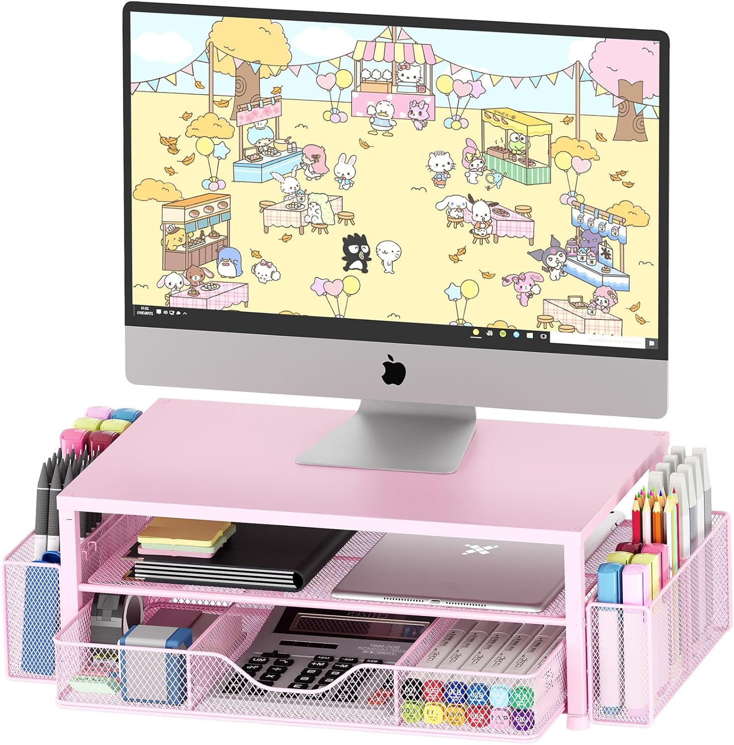 Desk Organizer and Accessories, 2-Tier Computer Monitor Stand with Drawer and 2 Pen Holders, Office Desk Accessories for Office Supplies