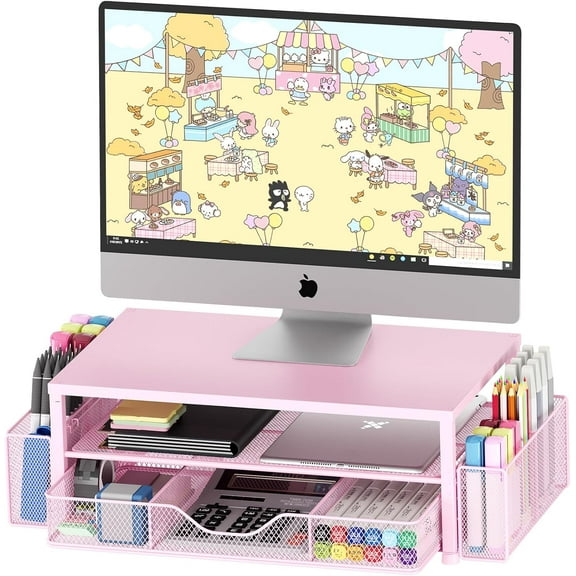 Desk Organizer and Accessories, 2-Tier Computer Monitor Stand with Drawer and 2 Pen Holders, Office Desk Accessories for Office Supplies