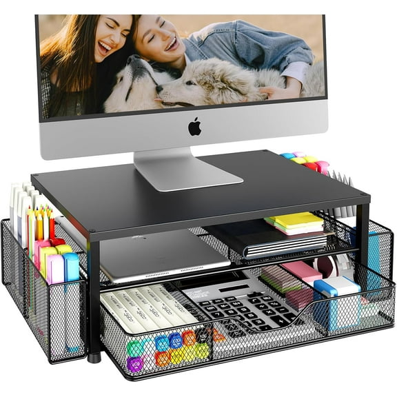 Desk Organizer and Accessories, 2-Tier Computer Monitor Stand Riser with Drawer and 2 Pen Holders, Office Desk Accessories for Office Supplies, Black