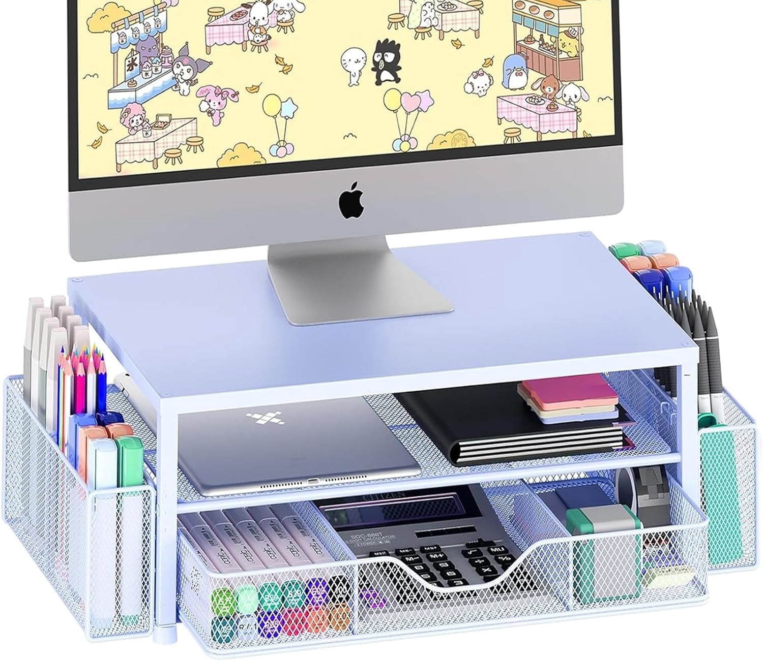 Ahot Desk Organizers and Accessories, 2-Tier Computer Monitor Stand Riser with Drawer and 2 Pen Holders, Laptop Stand, Office Desk Accessories for Office Supplies, Blue