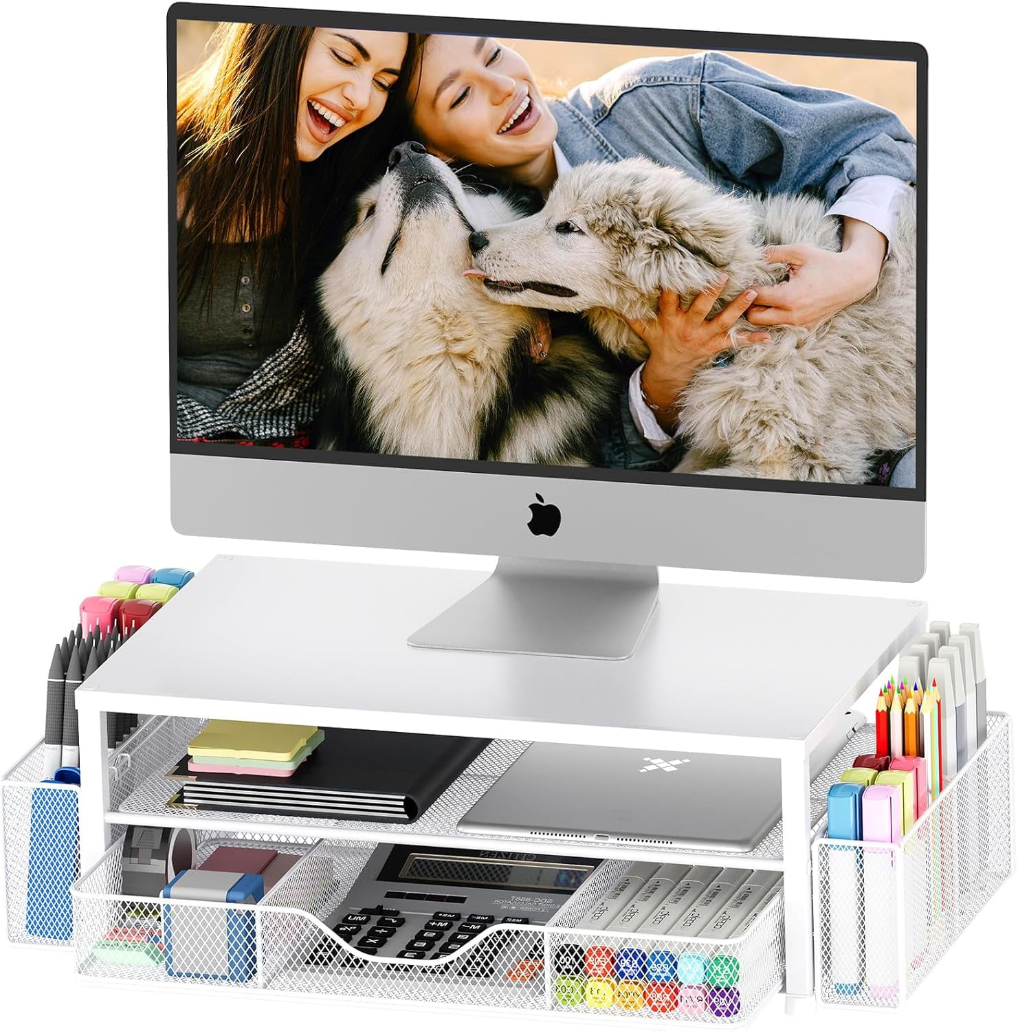 Desk Organizer and Accessories, Computer Monitor Stand with Drawer and Pen Holders, Office Desk Accessories for Office Supplies