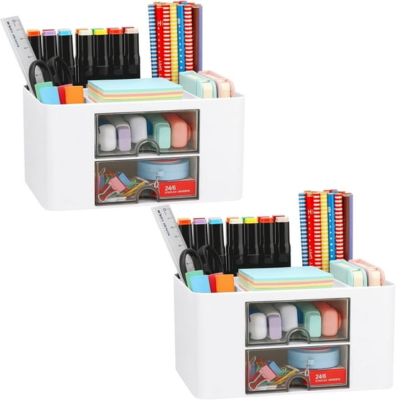 Clackibukvyz 2 Pack Desk Organizer with 2 Drawer, Plastic Office Desk Accessories Organizers, White