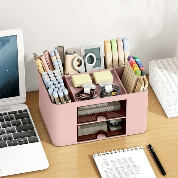 Desk Organizer with 2 Drawers & 5 Compartments | Multi-Functional Plastic Desktop Caddy for Office Supplies, Pens & Makeup | Blue, Pink, White