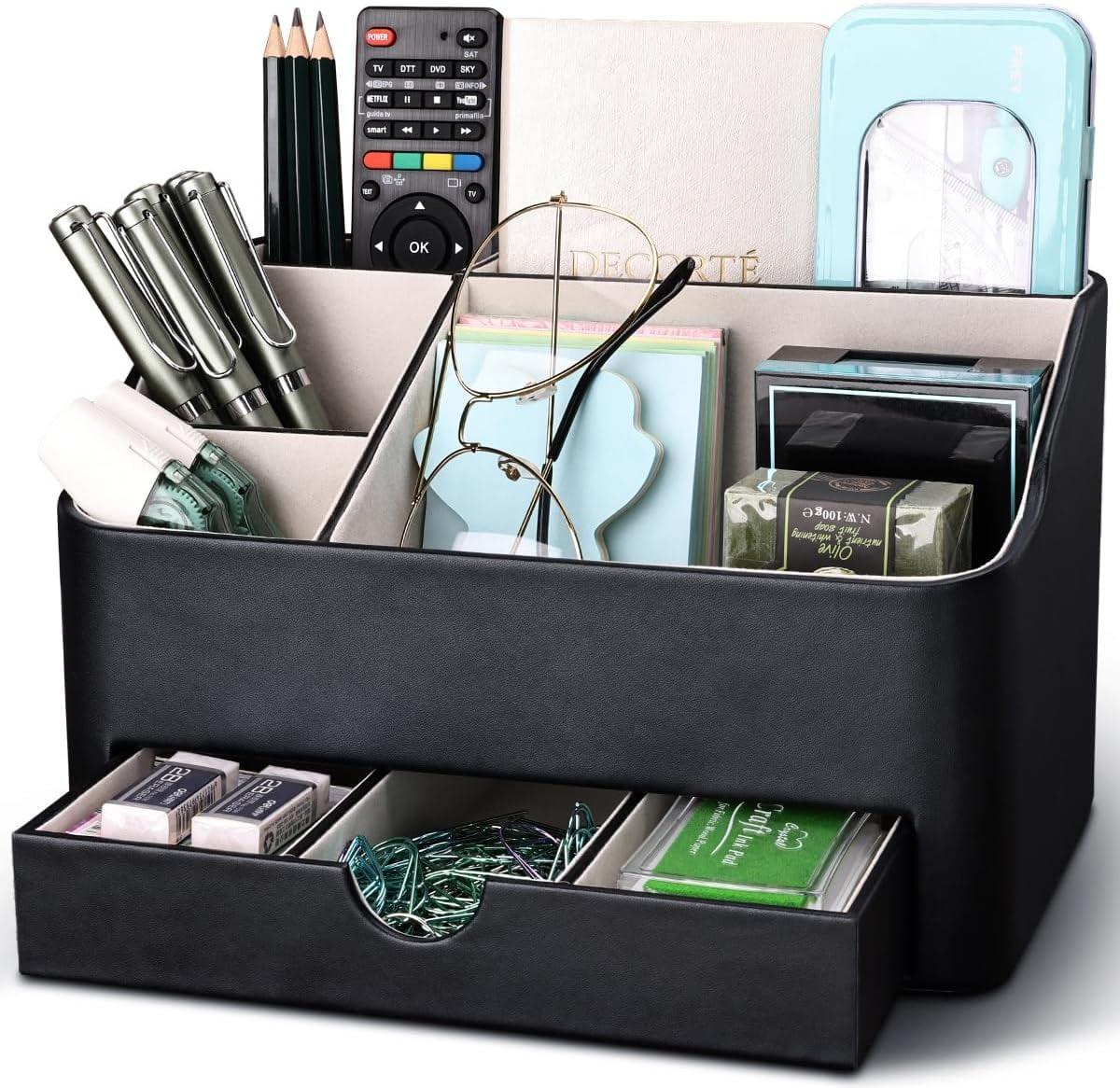 Desk Organizer with Drawer, Multifunction Pencil Holder for Desk, Desk Organizer and Accessories 5 Compartments for Home Office Supplies (Black)