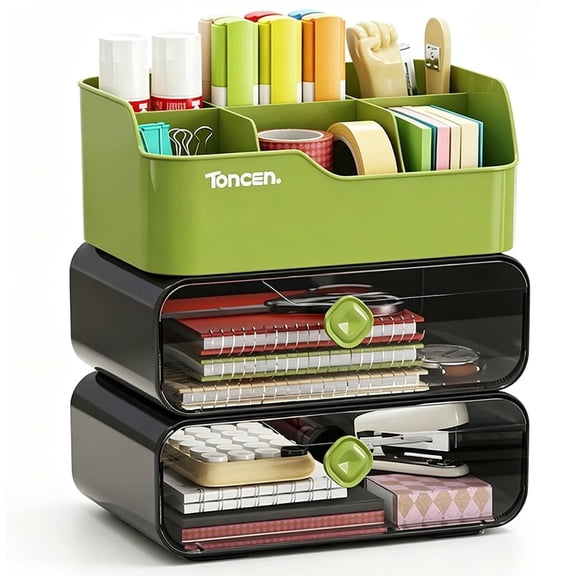 Desk Organizer with Drawers & Divided Compartments, Stackable Desktop Storage Caddy for Makeup and Office Stationery (Green)