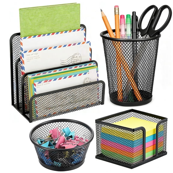 GARITIN Desk Organizer, Letter Sorter, Pen Holder, Memo and Clip Holders for Office Desk Storage, Black