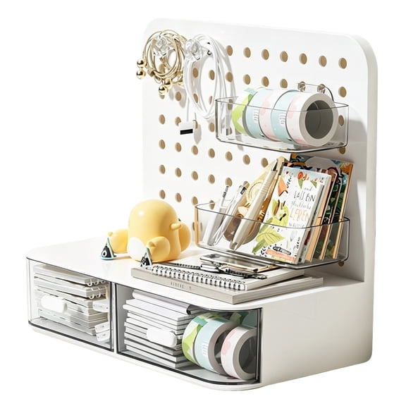Desk Organizer with Pegboard, 2 Drawers, Top Shelf and 2 Hanging Bins for Home Office, White