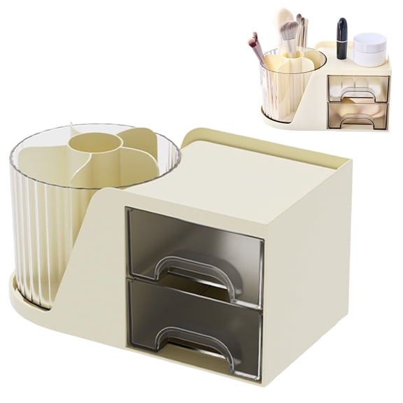 Desk Organizer with Rotating Pencil Pen Holder and 2 Small Drawers, Desk Caddy for Office Workspace Organization and Storage (Beige)