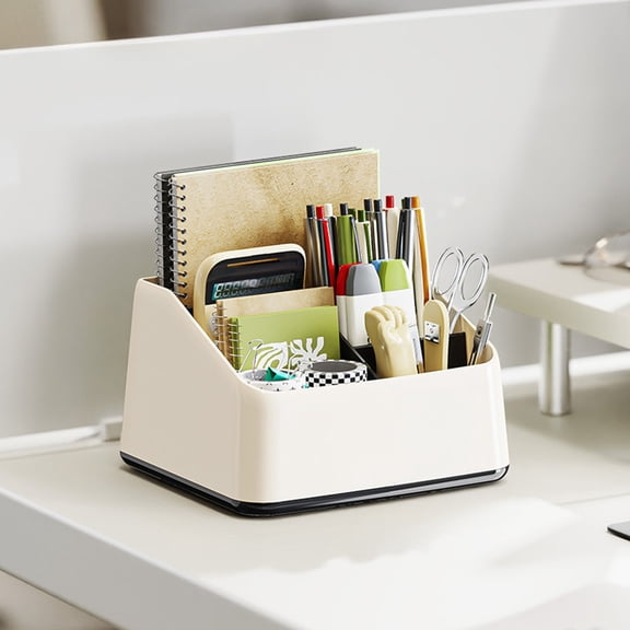 Desk Organizer with Slanted Pen Holders, White 4-Compartment Storage Box for Office Supplies, Makeup, Remote Control, Plastic Desktop Organizer