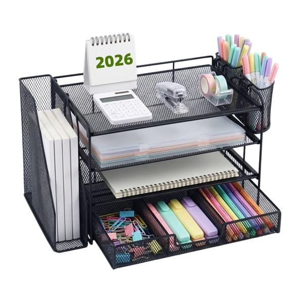 Desk Organizers4-Tier Desktop File Organizer with Drawer and 2 Pen Holders, Office Desk Accessories, File Sorters