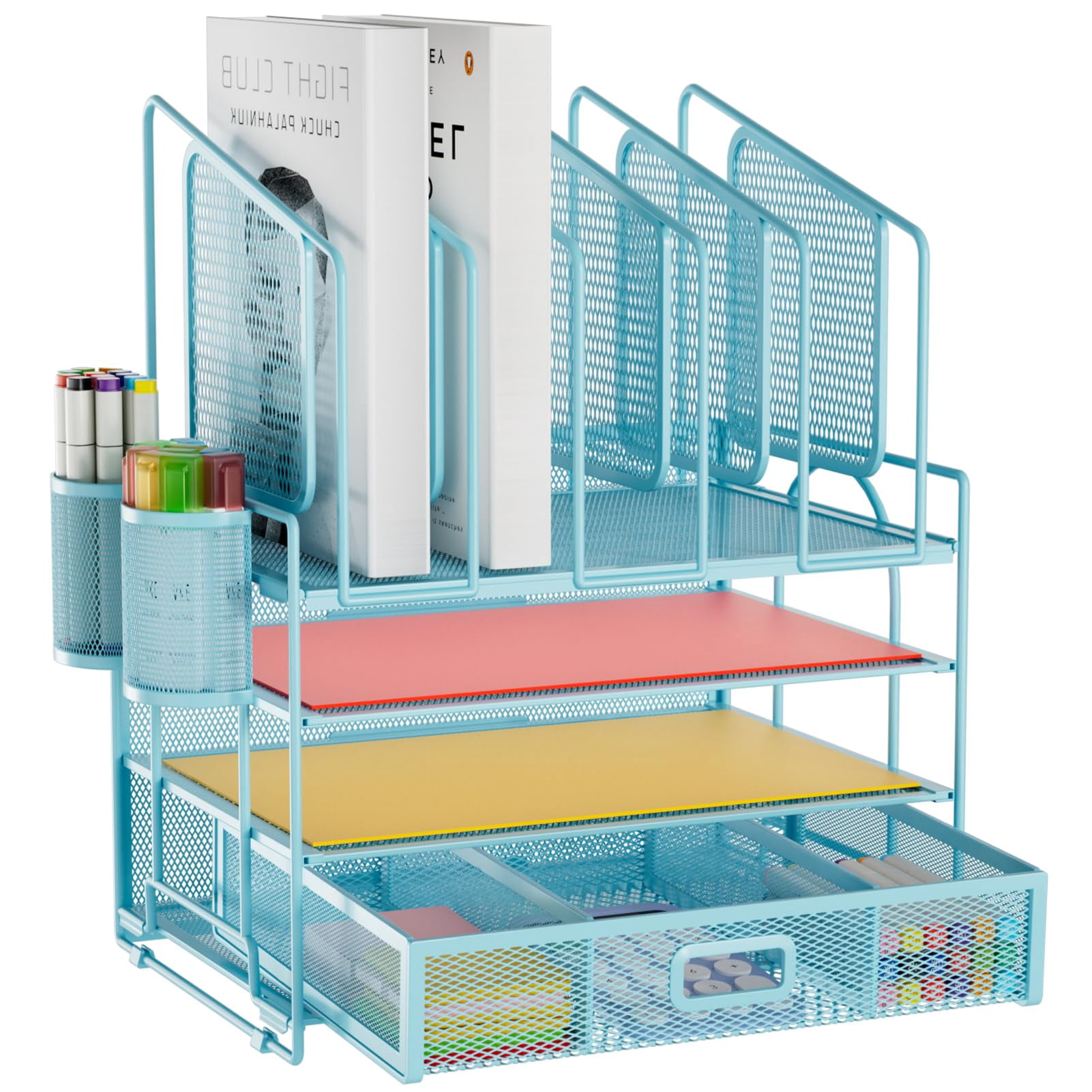 Desk Organizers  4-tier Mesh File Organizer With 5 Vertical Holders And 2 Pen Multifunction Desktop Accessories For Home Office (blue)