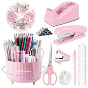 Desk Organizers and Accessories, 7 Pcs Set with 360-Degree Rotating Pen Holder, Stapler, Tape Holder, Staple Remover, Binder/Paper Clips Kit, Scissor and 1 Box of Staples