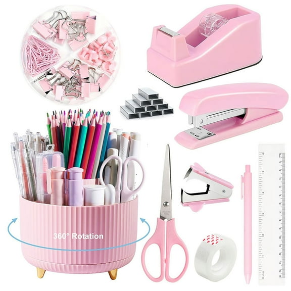 Desk Organizers and Accessories, 10 Pcs Set with 360-Degree Rotating Pen Holder, Tape Dispenser, Stapler, Staple Remover, 1000 Staples, Tape, Clips Set, Ruler, Scissor, Pen