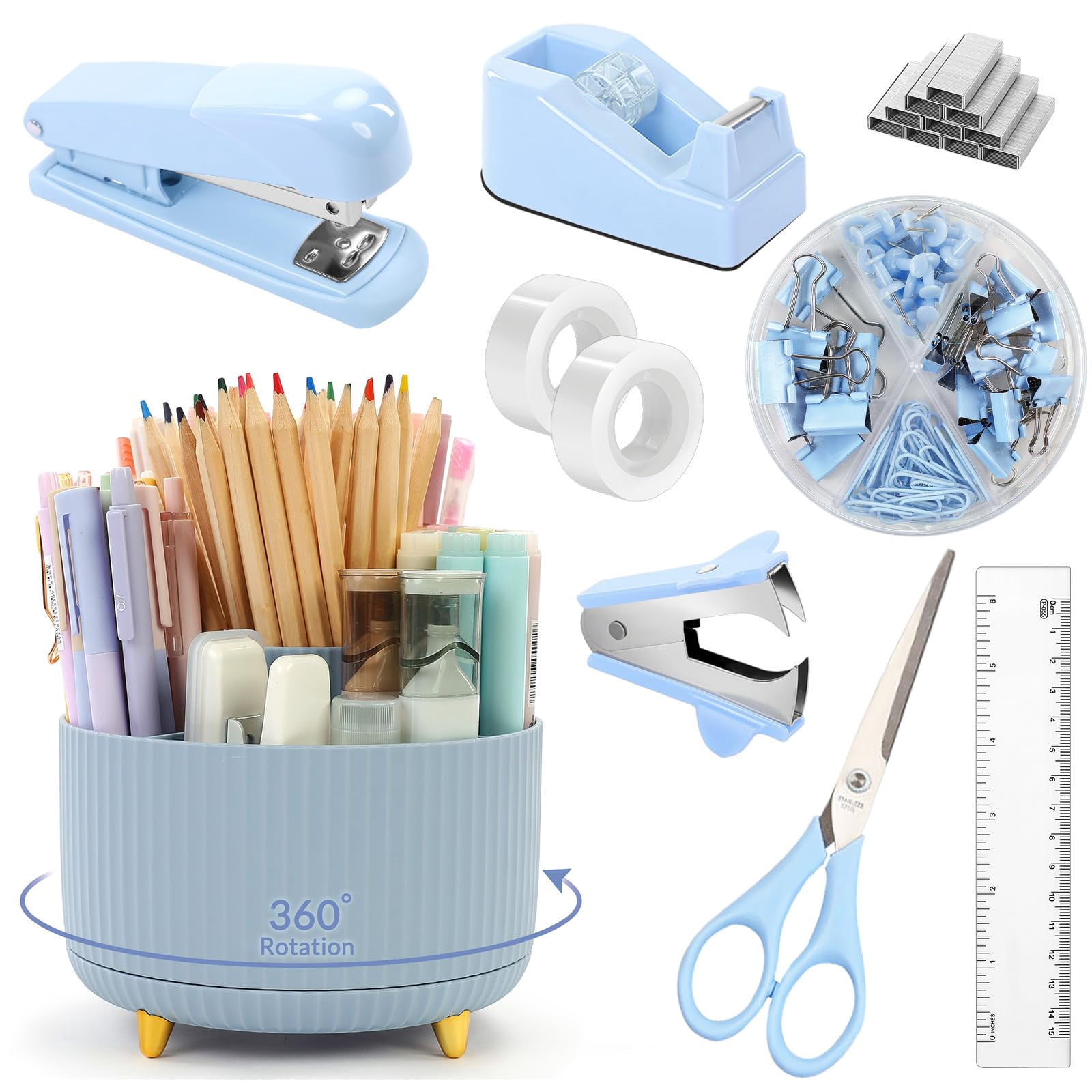 Desk Organizers And Accessories 10pcs  360-degree Rotating Pen Holder Stapler Staple Remover Tape Dispenser 2pcs Refills Binder Paper Clips Kit Scissor (blue)