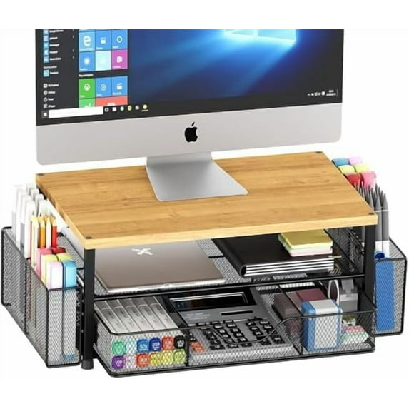 Desk Organizers and Accessories, 2-Tier Computer Monitor Stand with Drawer and 2 Pen Holders, Laptop Stand, Office Desk Accessories for Office Supplies, Oak
