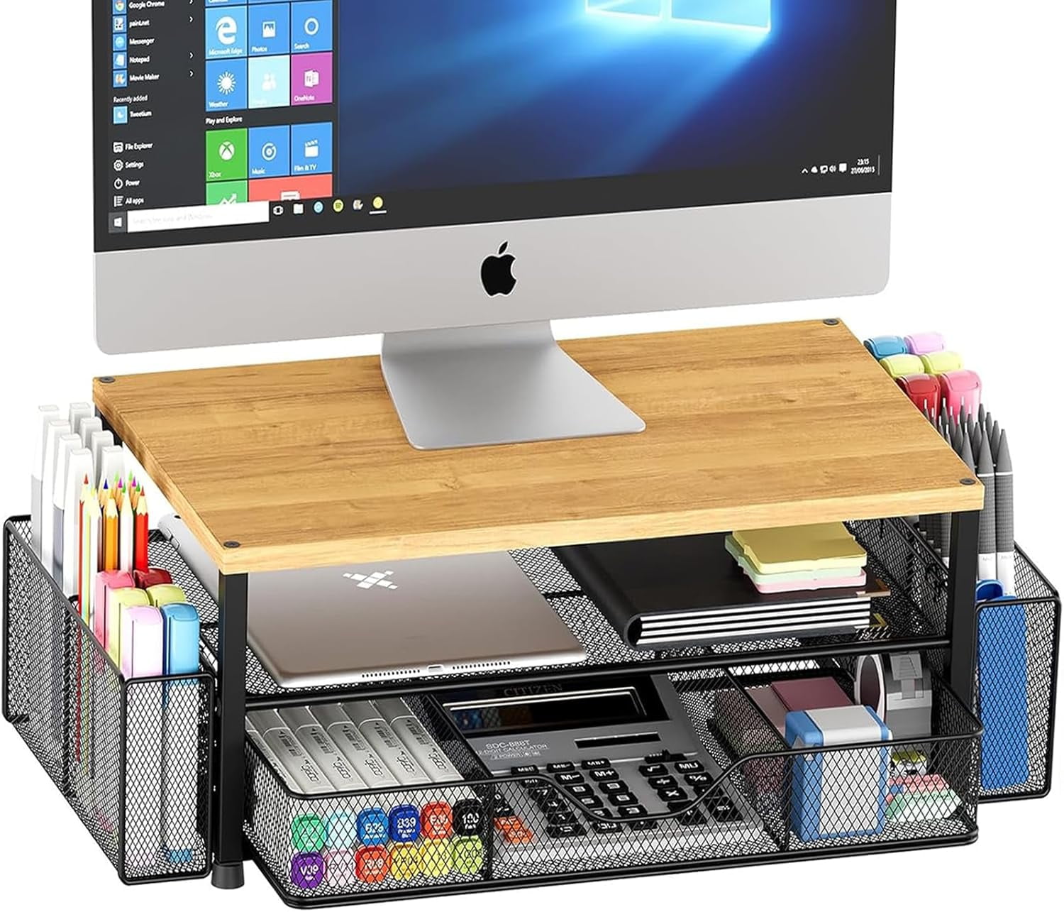 A house of tools Desk Organizers and Accessories, 2-Tier Computer Monitor Stand with Drawer and 2 Pen Holders, Office Desk Accessories Workspace Desktop Organizers for Office Supplies, Oak