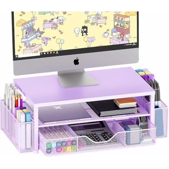 Desk Organizers and Accessories, 2-Tier Computer Monitor Stand Riser with Drawer and 2 Pen Holders, Laptop Stand, Office Desk Accessories & Office Decor for Women, Purple