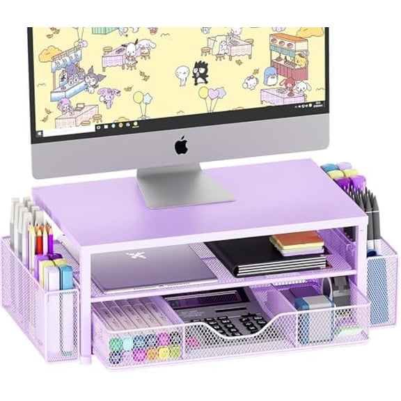 Desk Organizers and Accessories, 2-Tier Computer Monitor Stand Riser with Drawer and 2 Pen Holders, Laptop Stand, Office Desk Accessories & Office Decor for Women, Purple