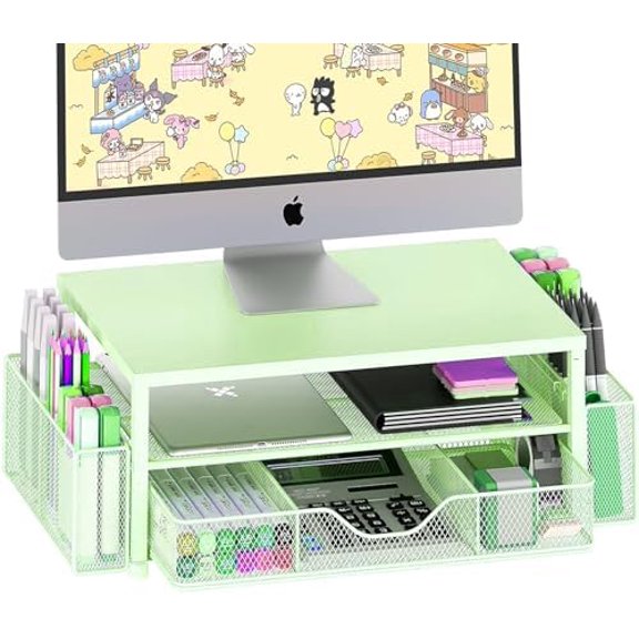 Desk Organizers and Accessories, 2-Tier Computer Monitor Stand Riser with Drawer and 2 Pen Holders, Laptop Stand, Office Desk Accessories for Office Supplies, Green