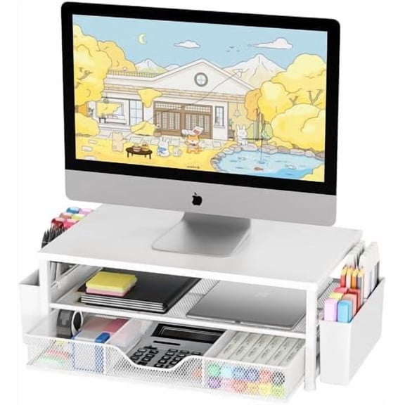 Desk Organizers and Accessories, 2-Tier Computer Monitor Stand Riser with Drawer and 2 Pen Holders, Laptop Stand, Office Desk Accessories for Office Supplies, White Wood