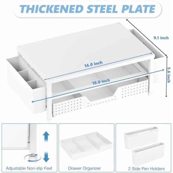Desk Organizers and Accessories, 2-Tier Computer Monitor Stand Riser with Drawer and 2 Pen Holders, Laptop Stand, Office Desk Accessories for Office Supplies, White