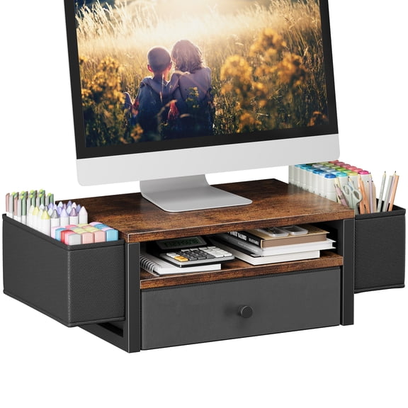 Desk Organizers and Accessories, 3-Tier Computer Monitor Stand Riser with Fabric Drawer & 6 Pen Holder, Office Desk Accessories Workspace Desktop Organizer for Office Supplies, Rustic Brown