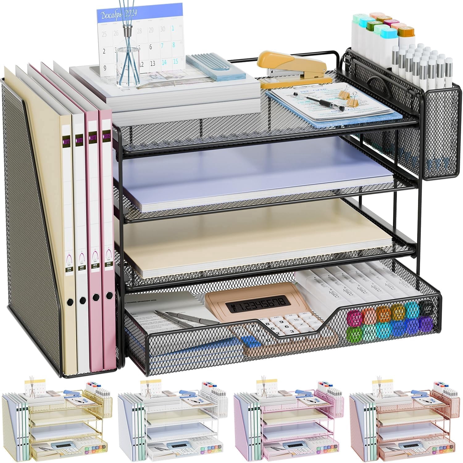 Desk Organizers and Accessories, 4-Tier Workspace Desktop File Organizer with Drawer & Pen Holder, Paper Tray Organizer with File Holder, Office Desk Accessories for Home Office Supplies, Black