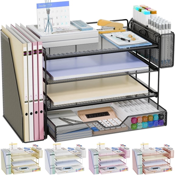 Desk Organizers and Accessories, 4-Tier Workspace Desktop File Organizer with Drawer & Pen Holder, Paper Tray Organizer with File Holder, Office Desk Accessories for Home Office Supplies, Black