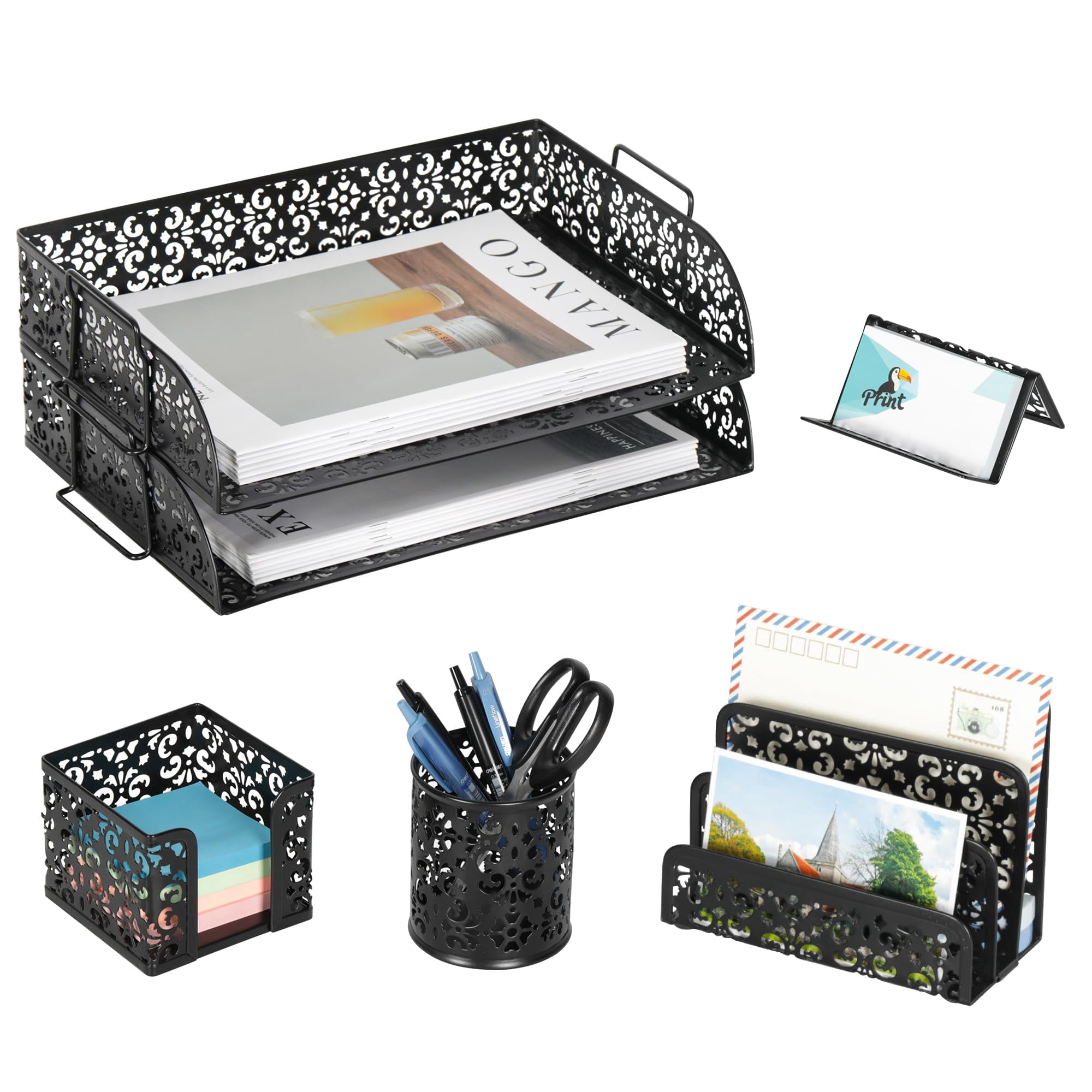 Desk Organizers And Accessories 5 Pieces Office Supplies Set - 2 Tier Paper Tray  Pencil Organizer For Mail Sorter Countertop Business Card Holder Sticky Note Black