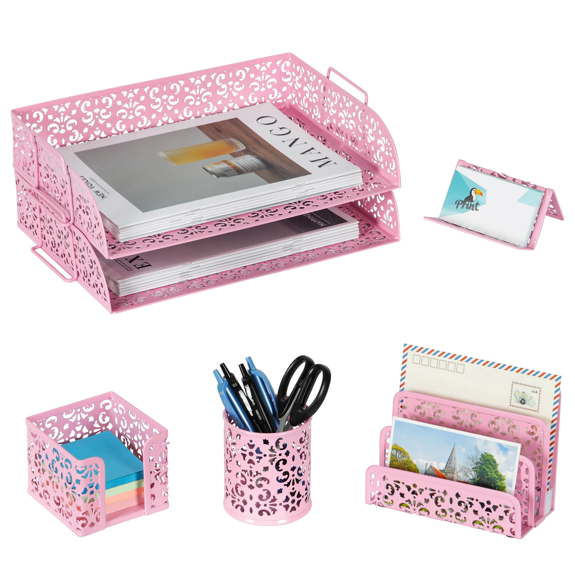 Desk Organizers And Accessories 5 Pieces Office Supplies Set - 2 Tier Paper Tray  Pencil Organizer For Mail Sorter Countertop Business Card Holder Sticky Note Pink