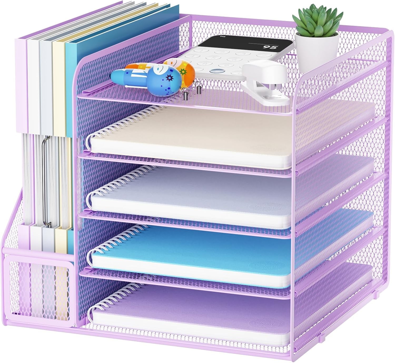 Desk Organizers and Accessories, 5-Tier Paper Letter Tray Organizer with File Holder, Mesh File Organizer, Office Desk Accessories & Organization for Supplies (Purple)