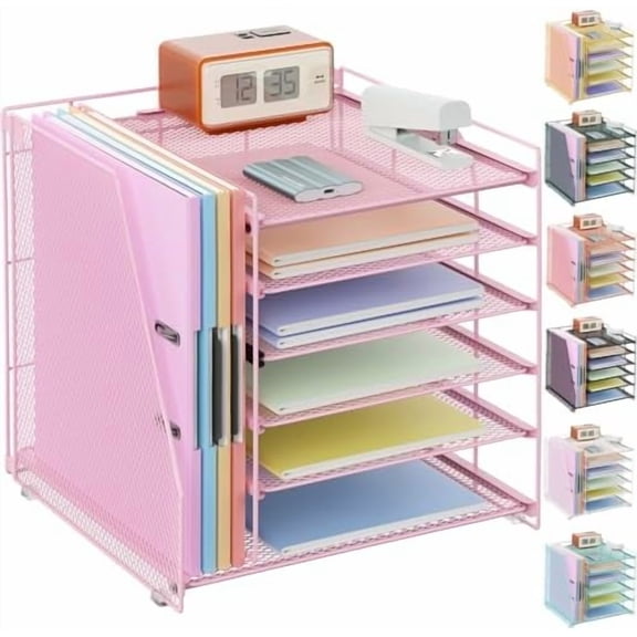 Desk Organizers and Accessories, 6-Tier Paper Organizer with Magazine rack, File Organizer for Desk, Desk Organizers for Women, Pink Office Decor (Pink)
